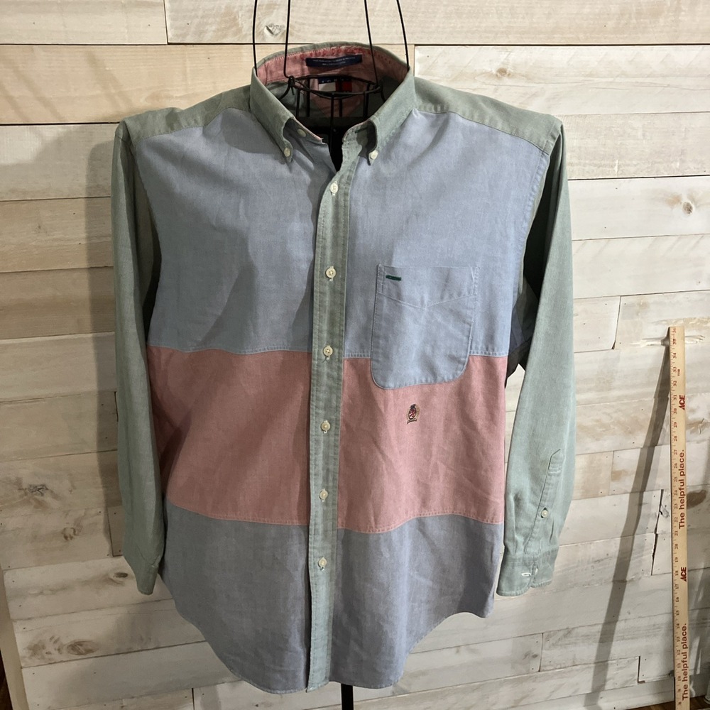 Vtg Tommy Hilfiger  Color Block Logo Button Up Shirt Mens M